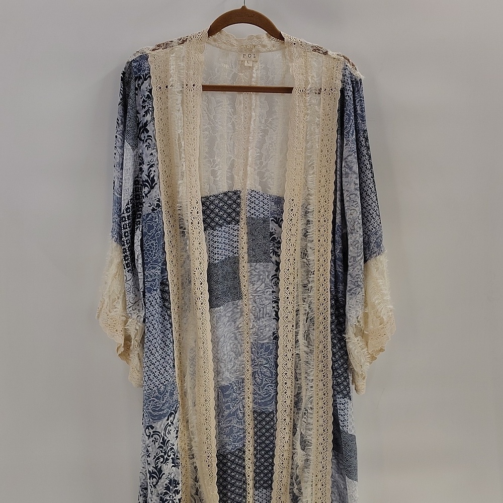 POL Moonlight Patch Lace Cardigan Kimono Duster Size Large Blue Cream